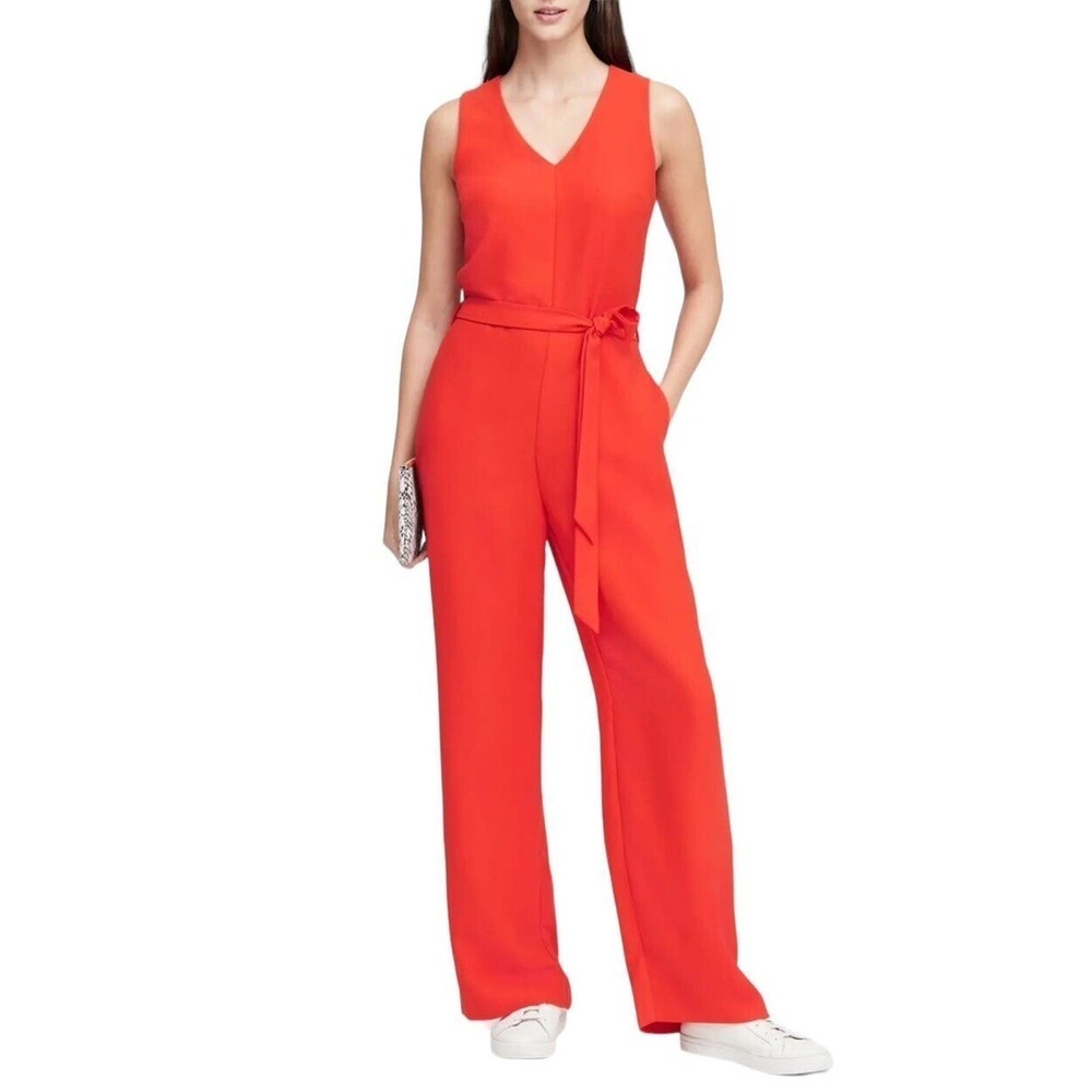 Banana Republic Wide Leg Jumpsuit Size 12 Red V Neck Crepe Tie Waist Sleeveless